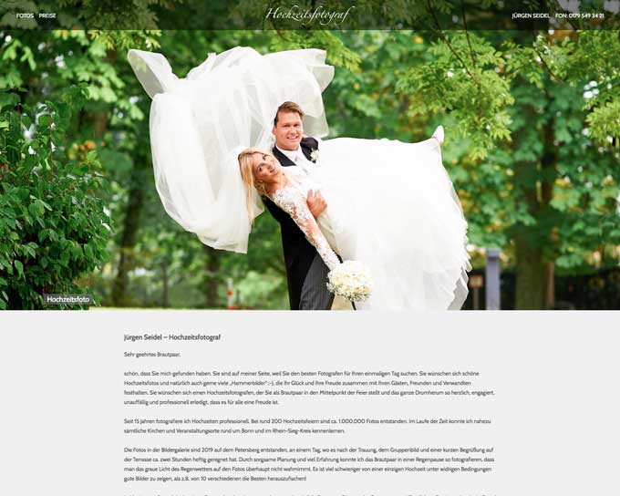 Startseite der Website des Hochzeitsfotograf mit großzügigen Bildern von Hochzeitspaaren in einer Slideshow