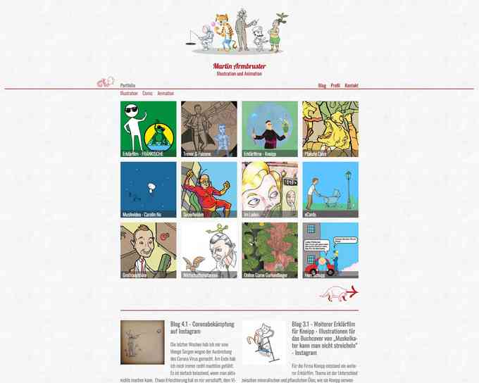 Website mit Portfolio für Illustrator zeigt bunte Kacheln im Comic-Stil