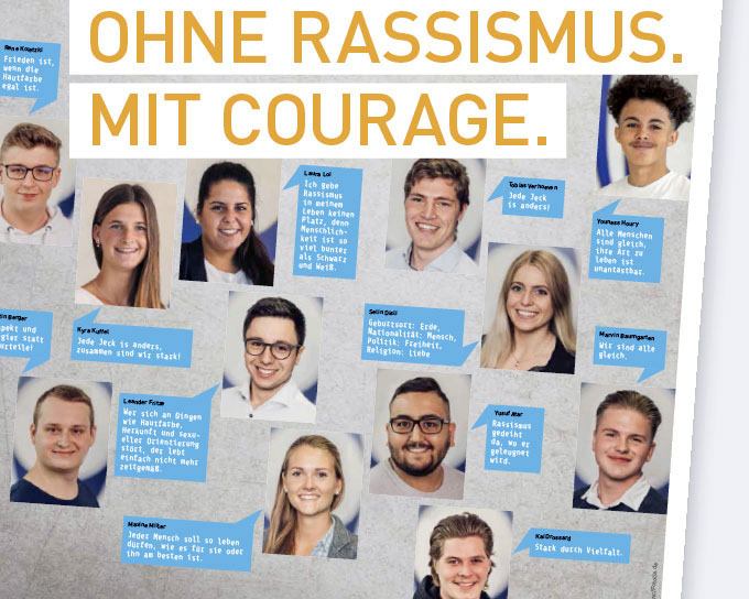 Der Ausschnitt des Diversity-Plakats – Ohne Rassismus. Mit Courage zeigt Fotos und Zutate von Auszubildenden