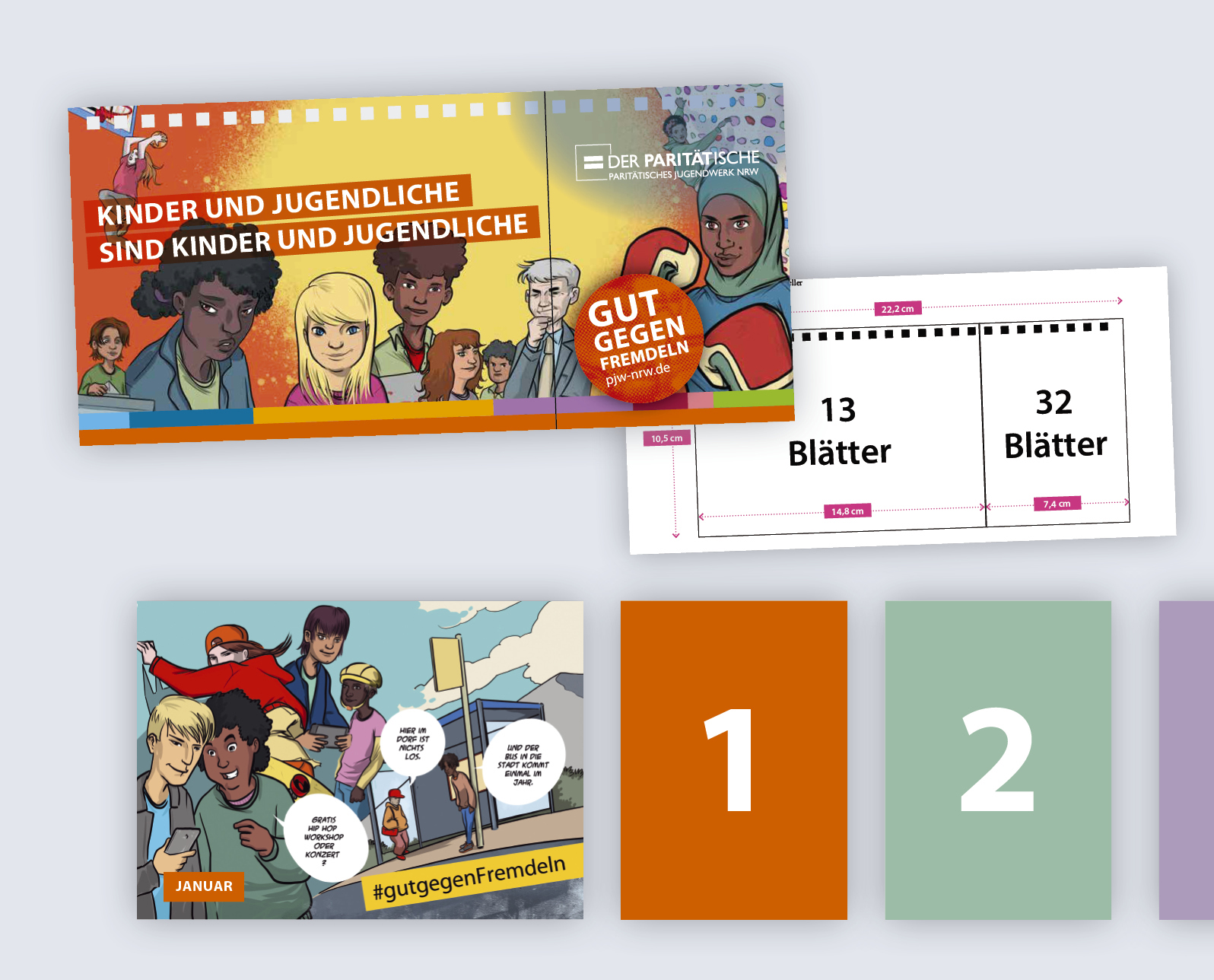 Der Kalender enthält 12 illustrierte Monatsblätter zu Schwerpunktthemen